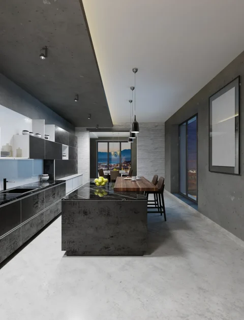 modern-kitchen-design-with-long-center-island-bar-table-fitted-with-black-marble-countertop-stainless-steel-equipment-3d-rendering